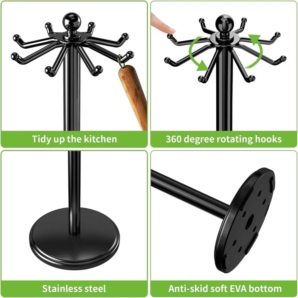MAYZOLOP Kitchen Countertop Rotating Utensil Holder, Stainless Steel, Black
